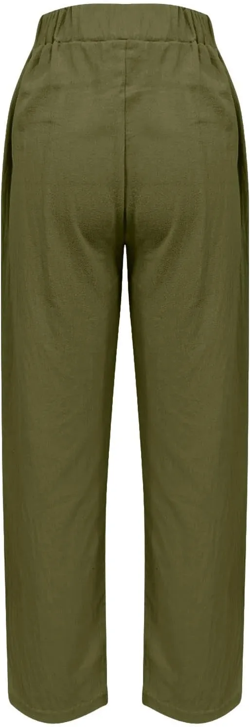 Cropped Linen Pants Women's Summer Elastic Waist Straight Leg Plus Size Crop Pants Casual Beach Trousers with Pockets