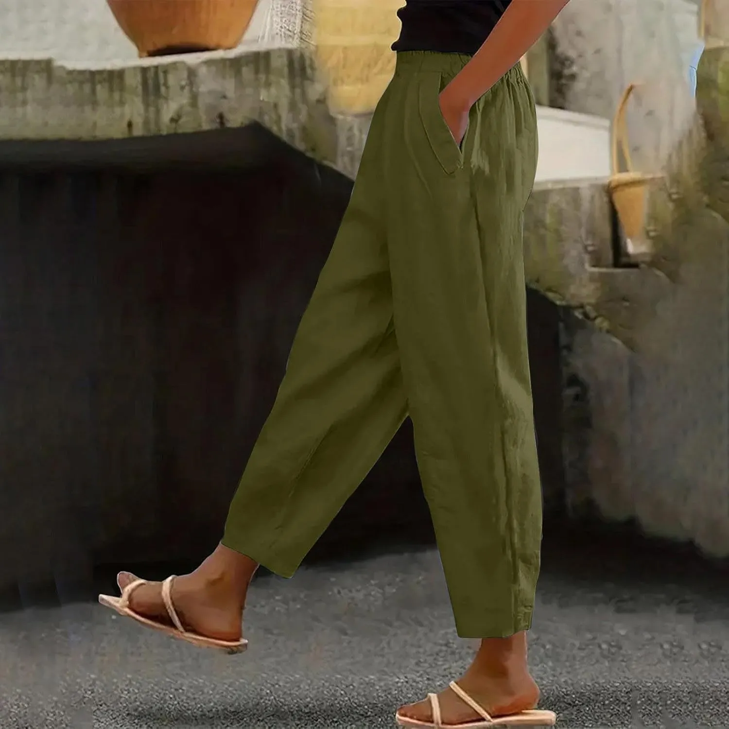 Cropped Linen Pants Women's Summer Elastic Waist Straight Leg Plus Size Crop Pants Casual Beach Trousers with Pockets