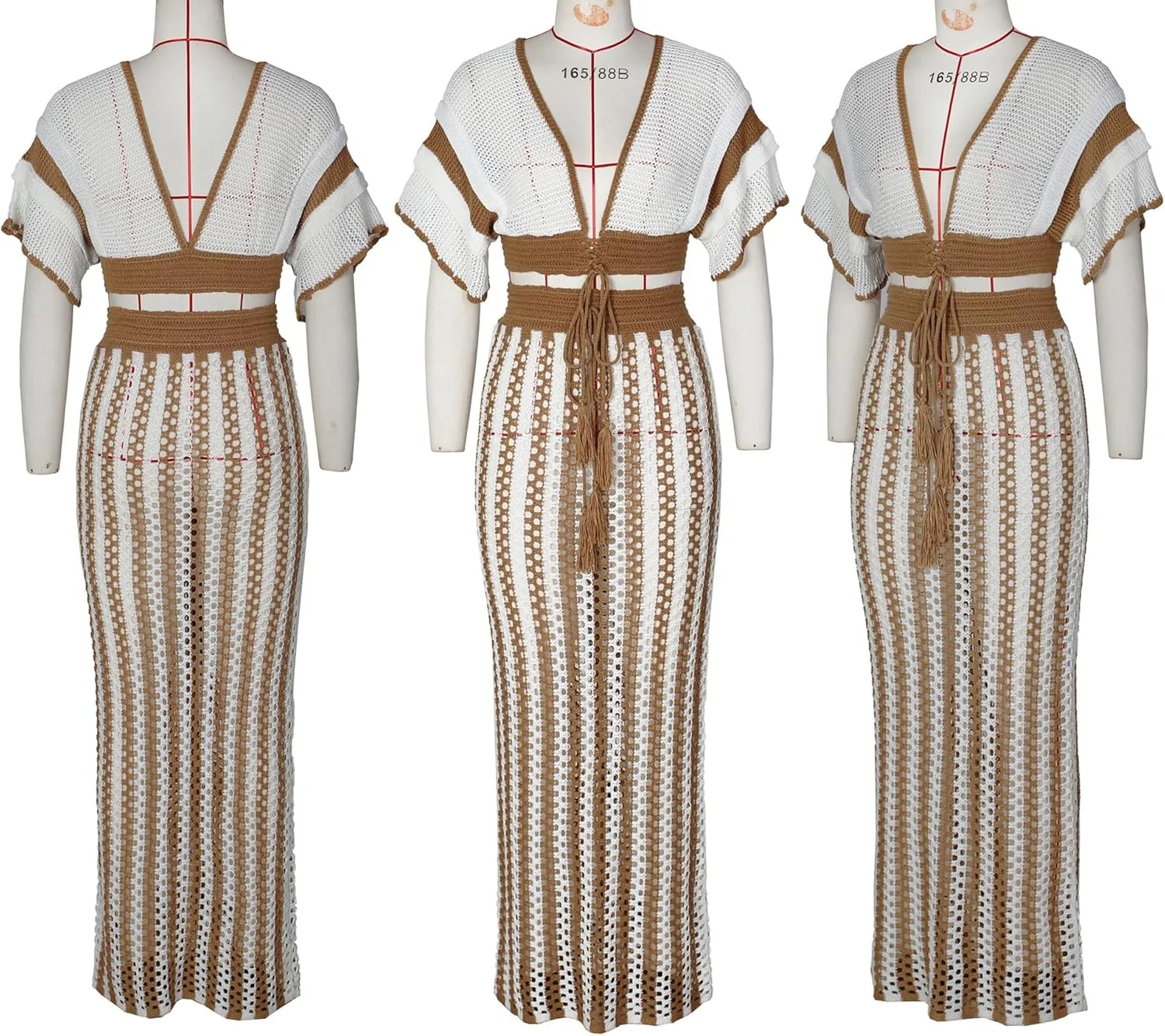 cu4eve Crochet Dresses for Women Two Piece Sexy Beach Vacation Knit V Neck Crop Top and Long Maxi Skirt Sets Coverups