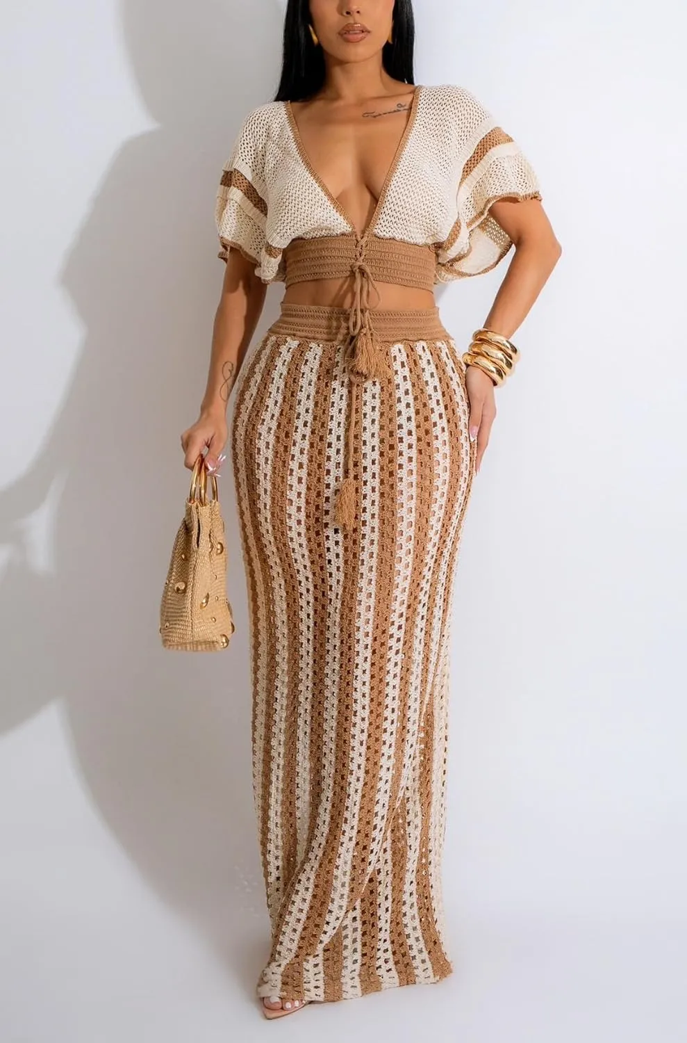 cu4eve Crochet Dresses for Women Two Piece Sexy Beach Vacation Knit V Neck Crop Top and Long Maxi Skirt Sets Coverups
