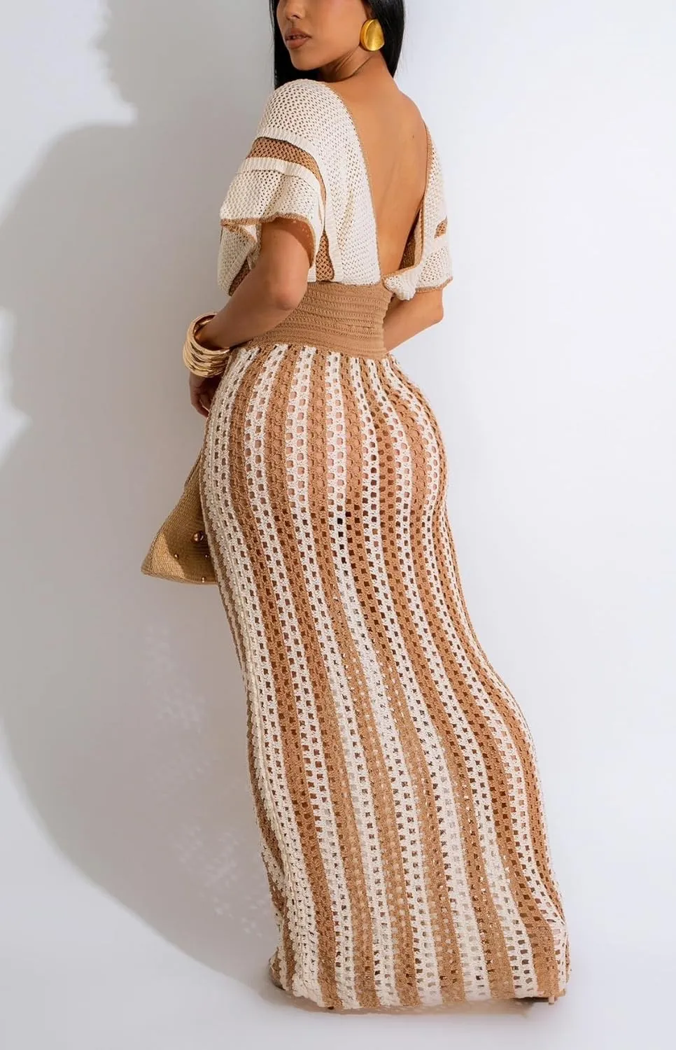 cu4eve Crochet Dresses for Women Two Piece Sexy Beach Vacation Knit V Neck Crop Top and Long Maxi Skirt Sets Coverups