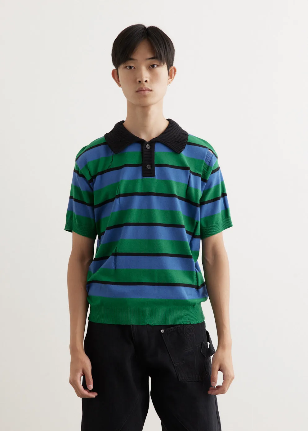 Damaged Stripe Polo Sweater