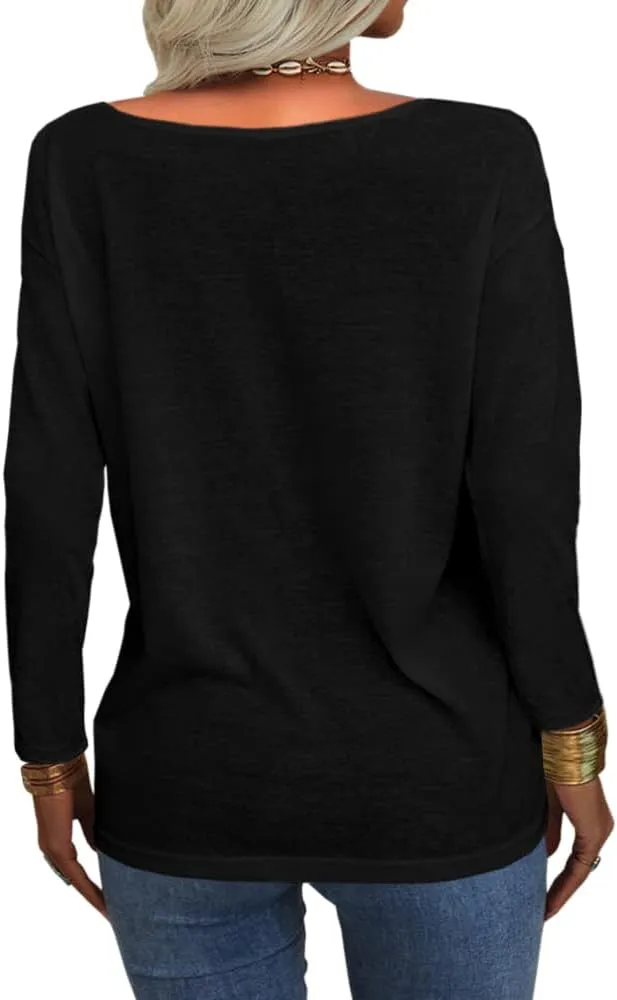 Danedvi Women Fashion Deep V-Neck Long Sleeve Tops Solid Casual Loose Basic T Shirt