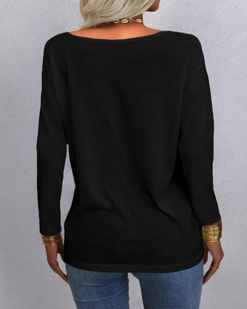 Danedvi Women Fashion Deep V-Neck Long Sleeve Tops Solid Casual Loose Basic T Shirt