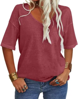 Danedvi Women Fashion V-Neck Half Sleeves Oversized T Shirt Solid Casual Loose Basic Tops