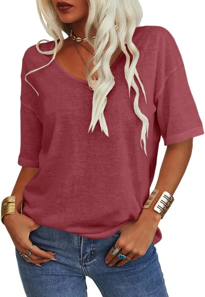 Danedvi Women Fashion V-Neck Half Sleeves Oversized T Shirt Solid Casual Loose Basic Tops