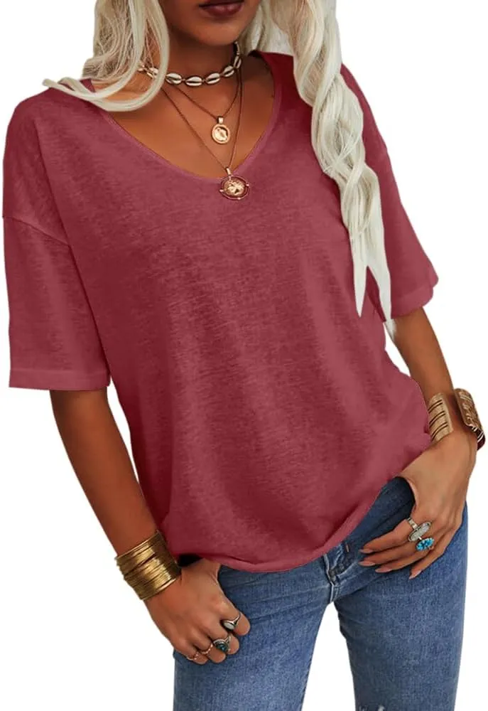 Danedvi Women Fashion V-Neck Half Sleeves Oversized T Shirt Solid Casual Loose Basic Tops
