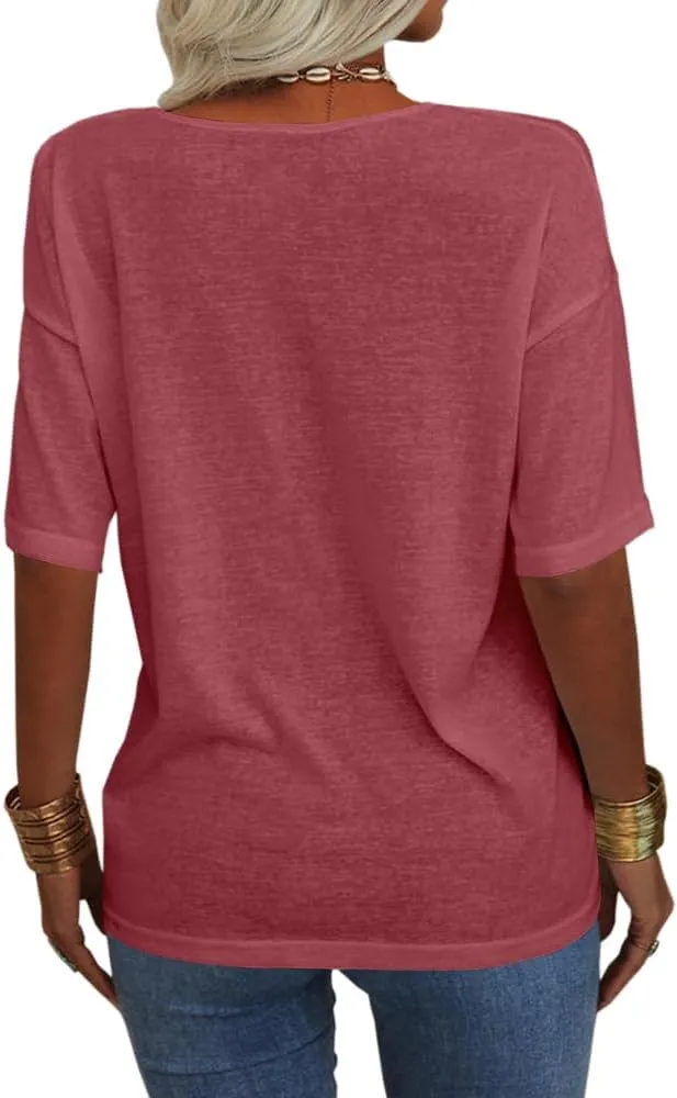 Danedvi Women Fashion V-Neck Half Sleeves Oversized T Shirt Solid Casual Loose Basic Tops