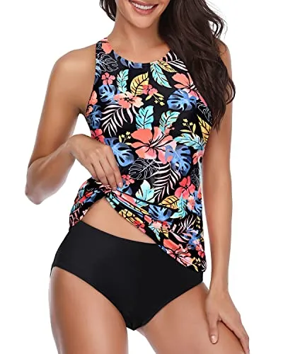 Deep Scoop Back Tankini 2 Piece Swimsuit-Black Red Flower