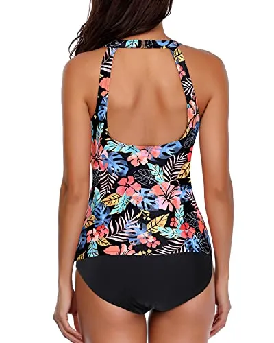 Deep Scoop Back Tankini 2 Piece Swimsuit-Black Red Flower