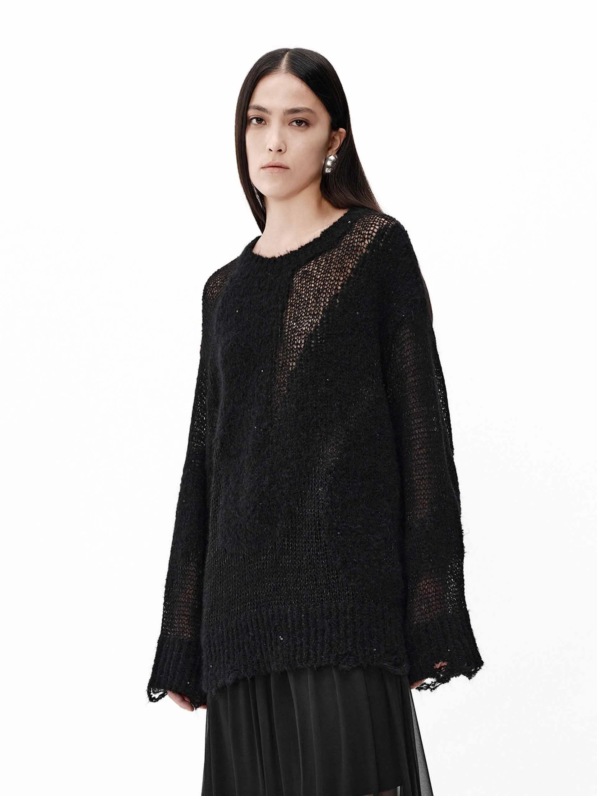 Distressed Sheer Knit Sweater
