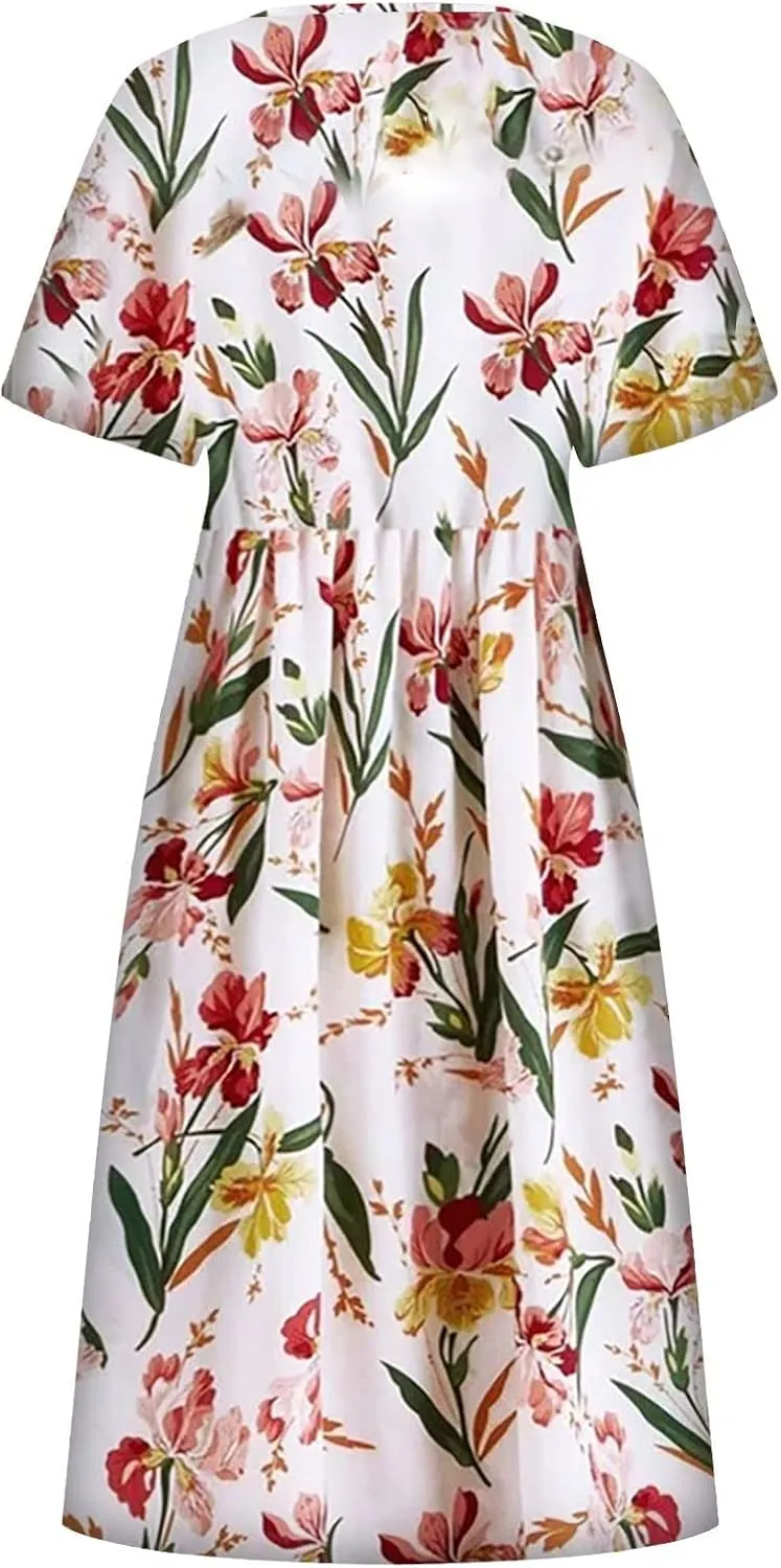 Dresses for Women 2023 Fashion High Waist Printed Short Sleeve Dress Casual Loose Round Neck Pleated Pocket Dress