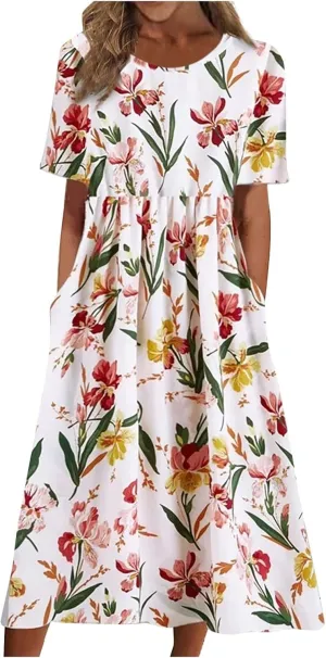 Dresses for Women 2023 Fashion High Waist Printed Short Sleeve Dress Casual Loose Round Neck Pleated Pocket Dress