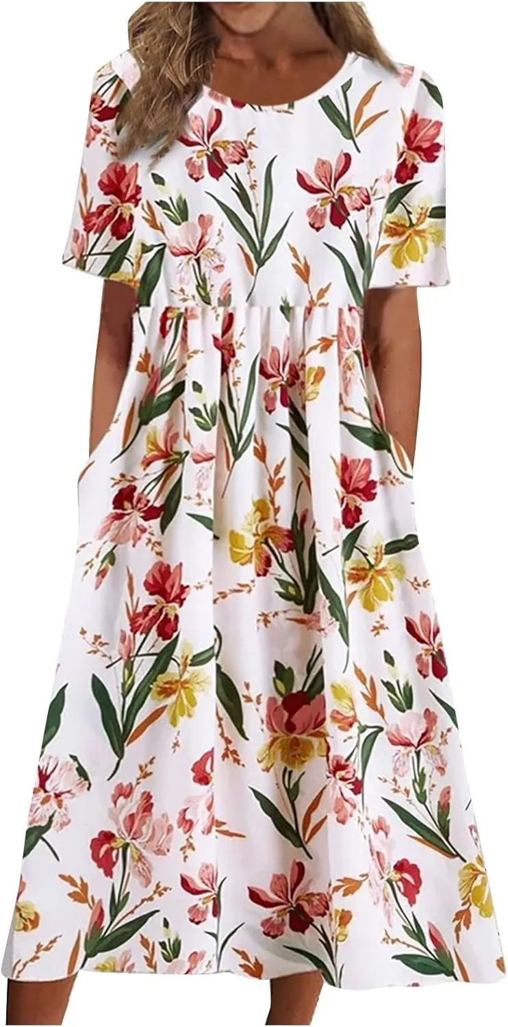 Dresses for Women 2023 Fashion High Waist Printed Short Sleeve Dress Casual Loose Round Neck Pleated Pocket Dress