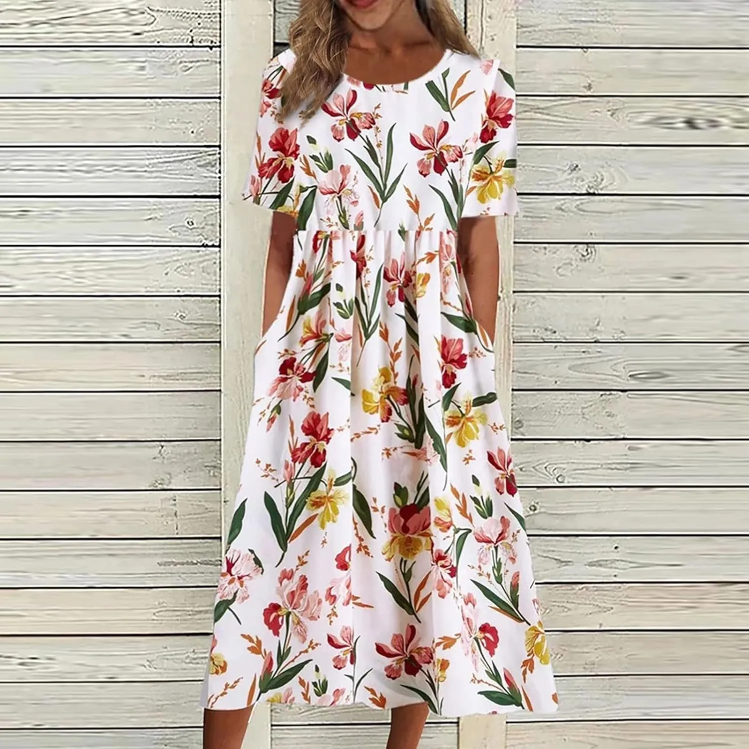 Dresses for Women 2023 Fashion High Waist Printed Short Sleeve Dress Casual Loose Round Neck Pleated Pocket Dress