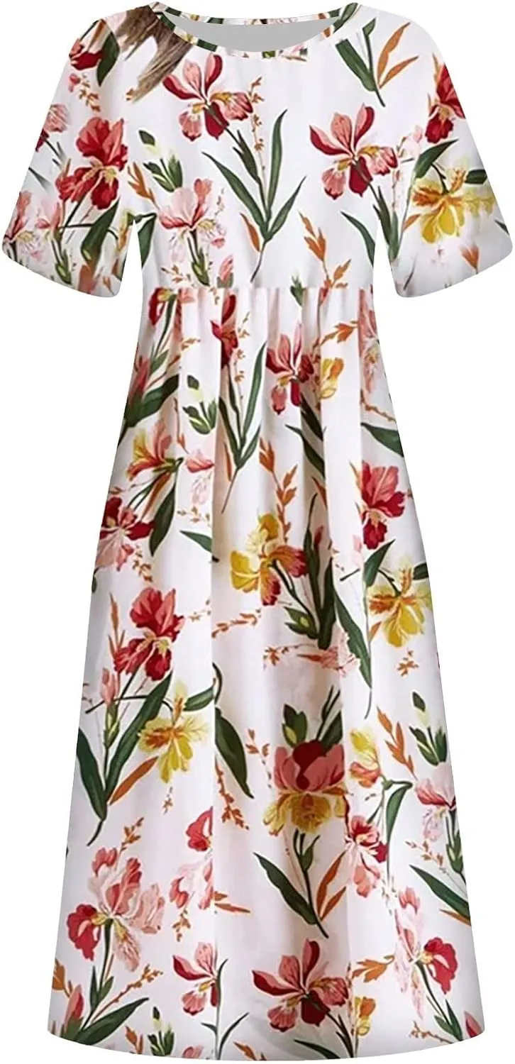 Dresses for Women 2023 Fashion High Waist Printed Short Sleeve Dress Casual Loose Round Neck Pleated Pocket Dress