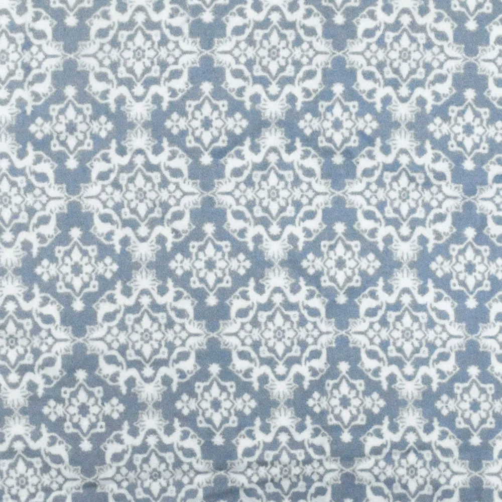 Dusty Blue- Ivory Moroccan Printed Stretch Rayon Momie Woven Fabric