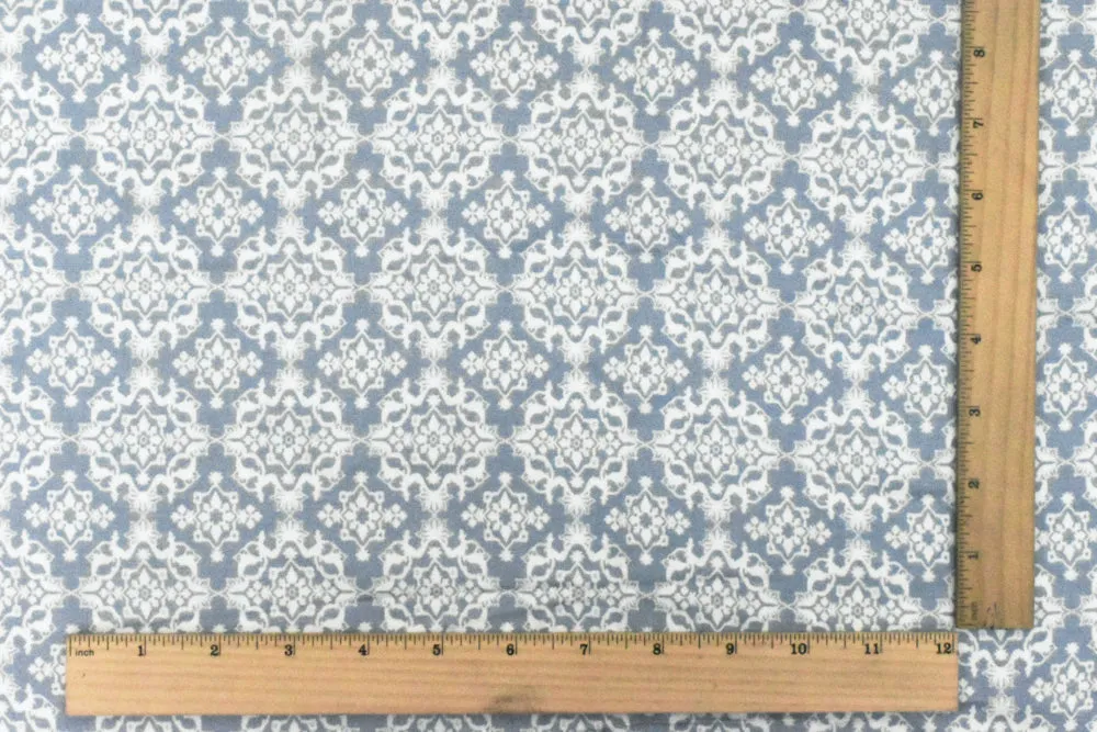 Dusty Blue- Ivory Moroccan Printed Stretch Rayon Momie Woven Fabric