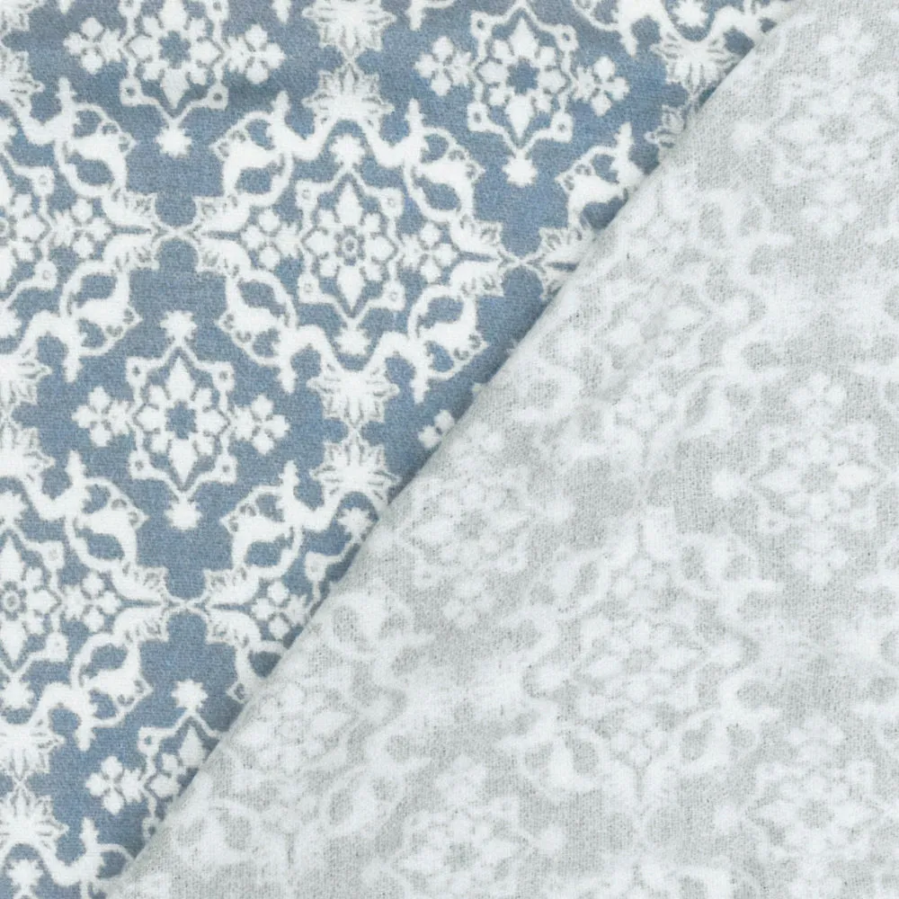 Dusty Blue- Ivory Moroccan Printed Stretch Rayon Momie Woven Fabric