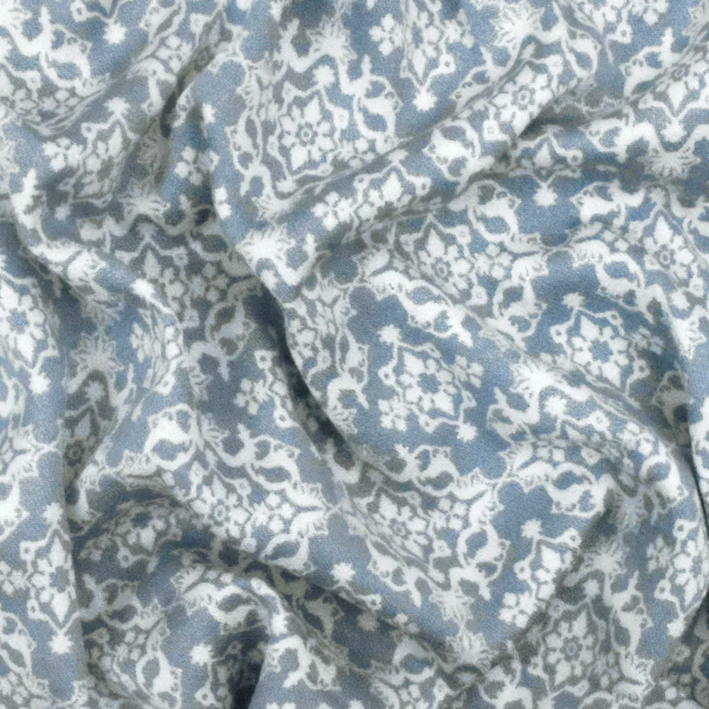 Dusty Blue- Ivory Moroccan Printed Stretch Rayon Momie Woven Fabric