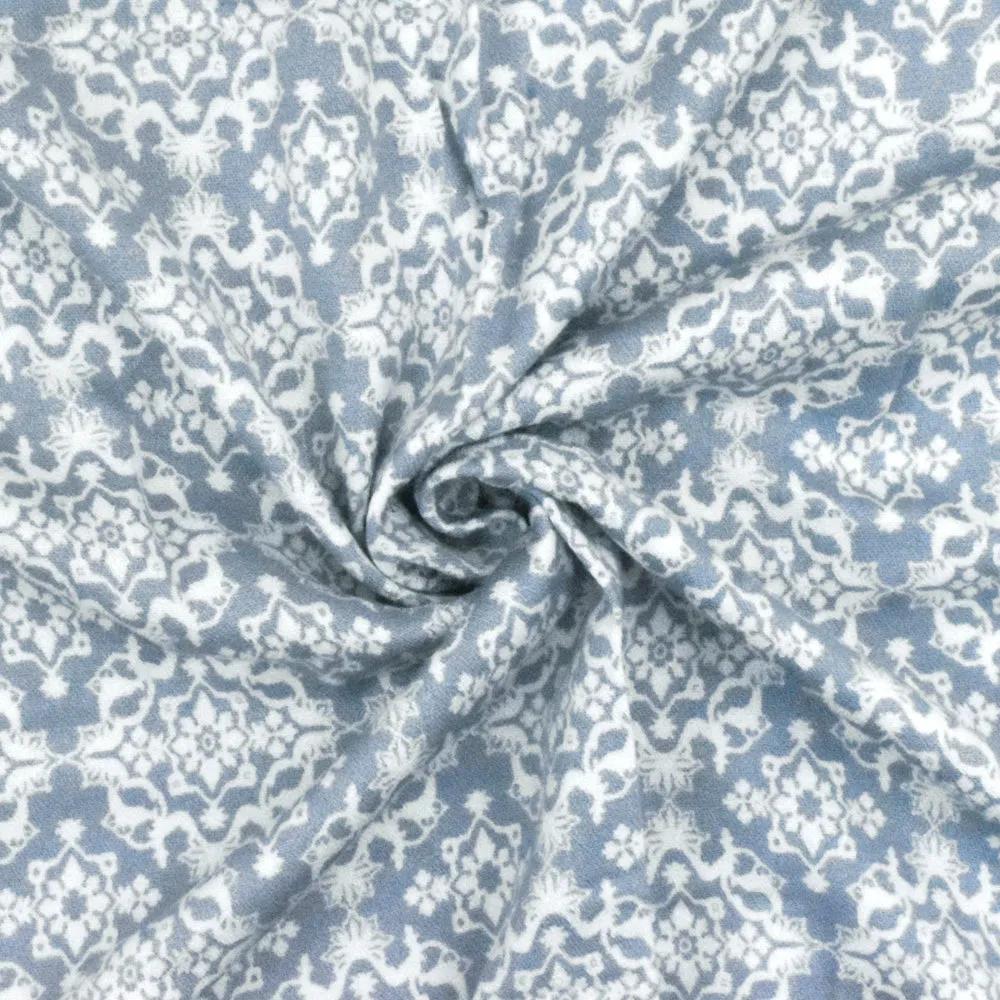 Dusty Blue- Ivory Moroccan Printed Stretch Rayon Momie Woven Fabric