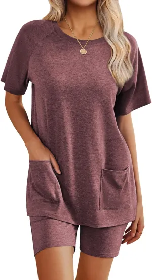 Ekouaer Womens 2 Piece Lounge Sets 2025 Summer Outfits Short Sleeve Tops and Biker Shorts Casual Clothing with Pocket