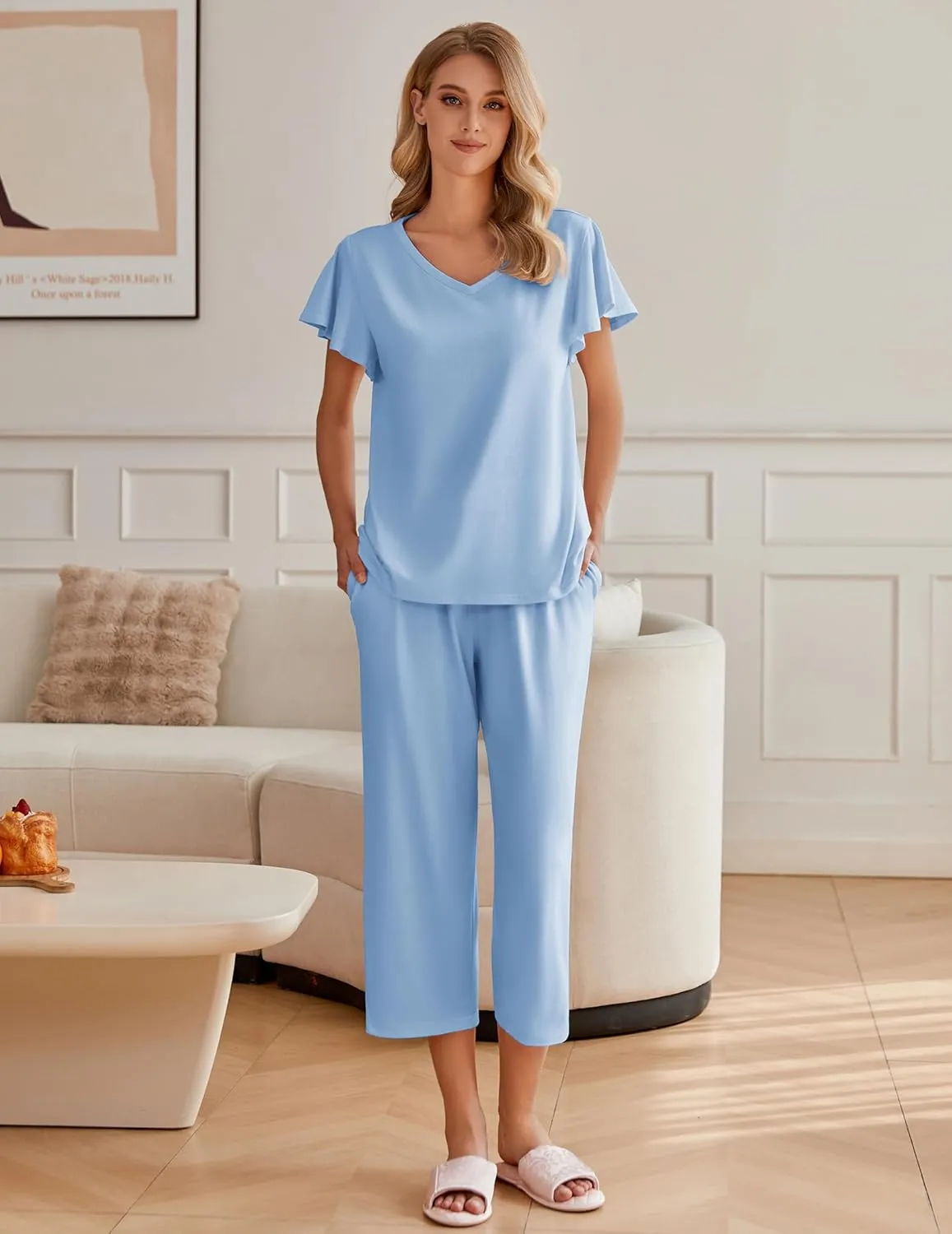 Ekouaer Womens Cotton Pajamas Sets Short Sleeve Tops and Capri Pants Sleepwear Loungewear with Pockets