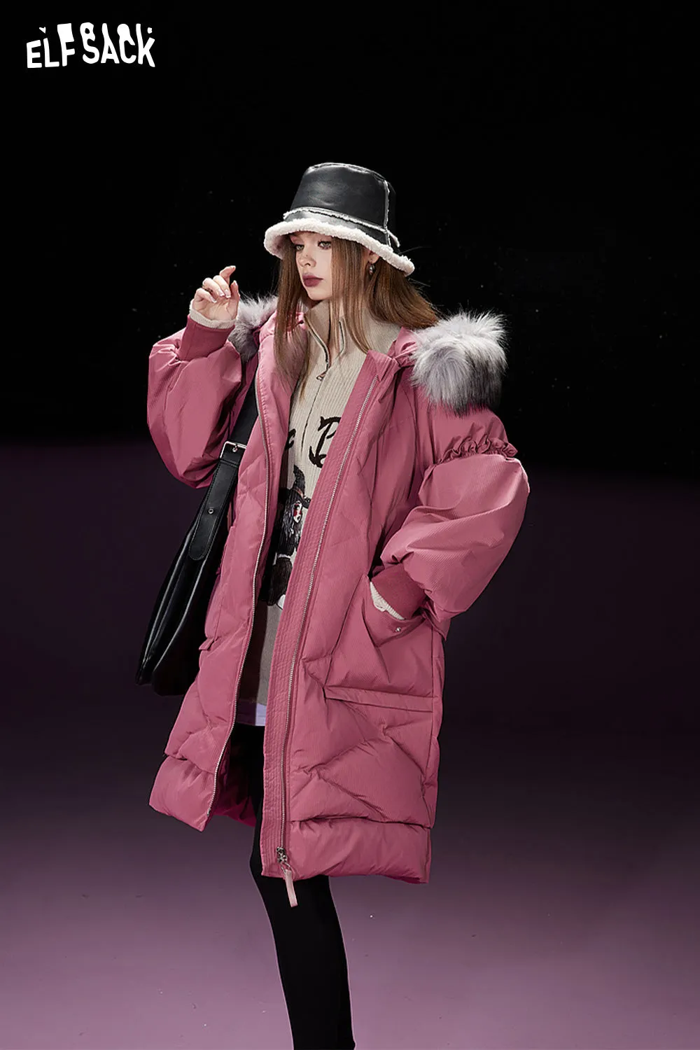 ELFSACK Detachable Hooded Warm Down Coats Women 2023 Winter Mid-length Cargo Coats