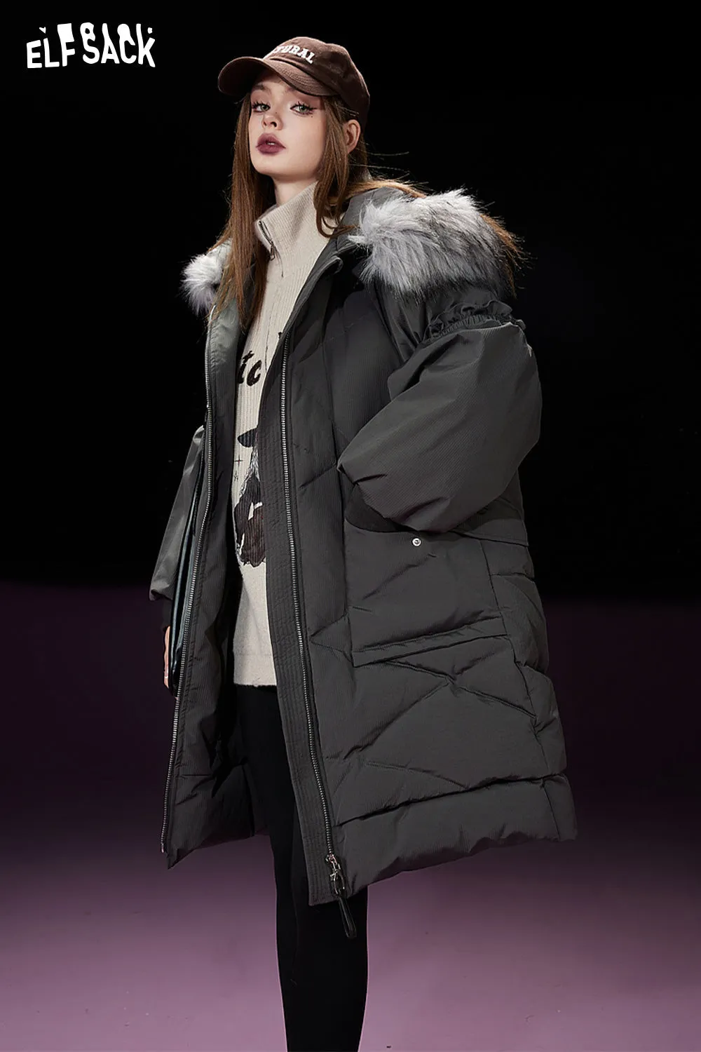 ELFSACK Detachable Hooded Warm Down Coats Women 2023 Winter Mid-length Cargo Coats