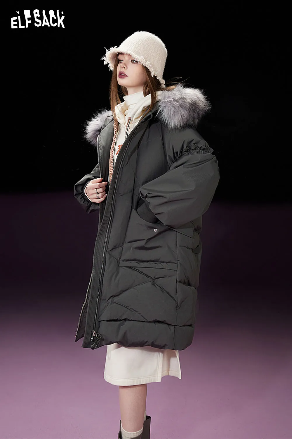 ELFSACK Detachable Hooded Warm Down Coats Women 2023 Winter Mid-length Cargo Coats