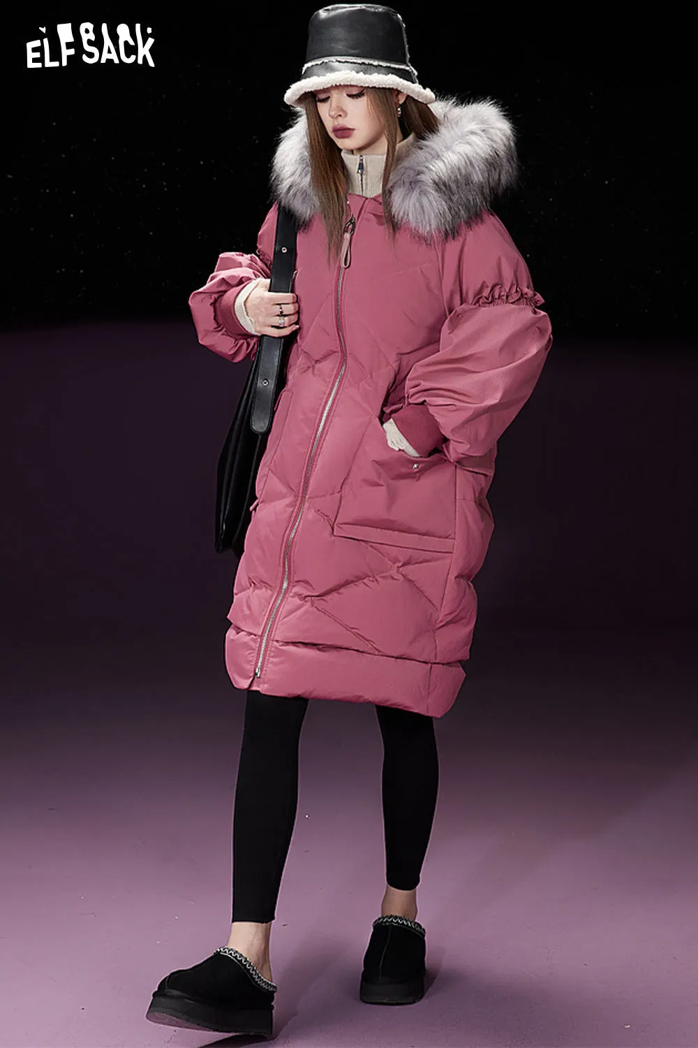 ELFSACK Detachable Hooded Warm Down Coats Women 2023 Winter Mid-length Cargo Coats