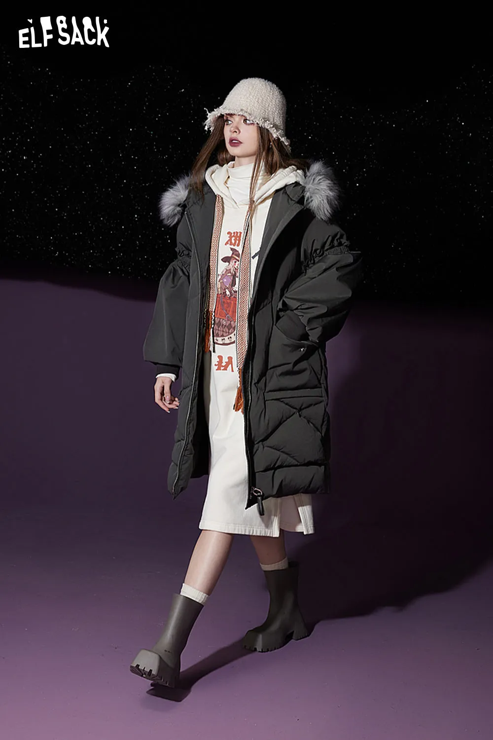 ELFSACK Detachable Hooded Warm Down Coats Women 2023 Winter Mid-length Cargo Coats
