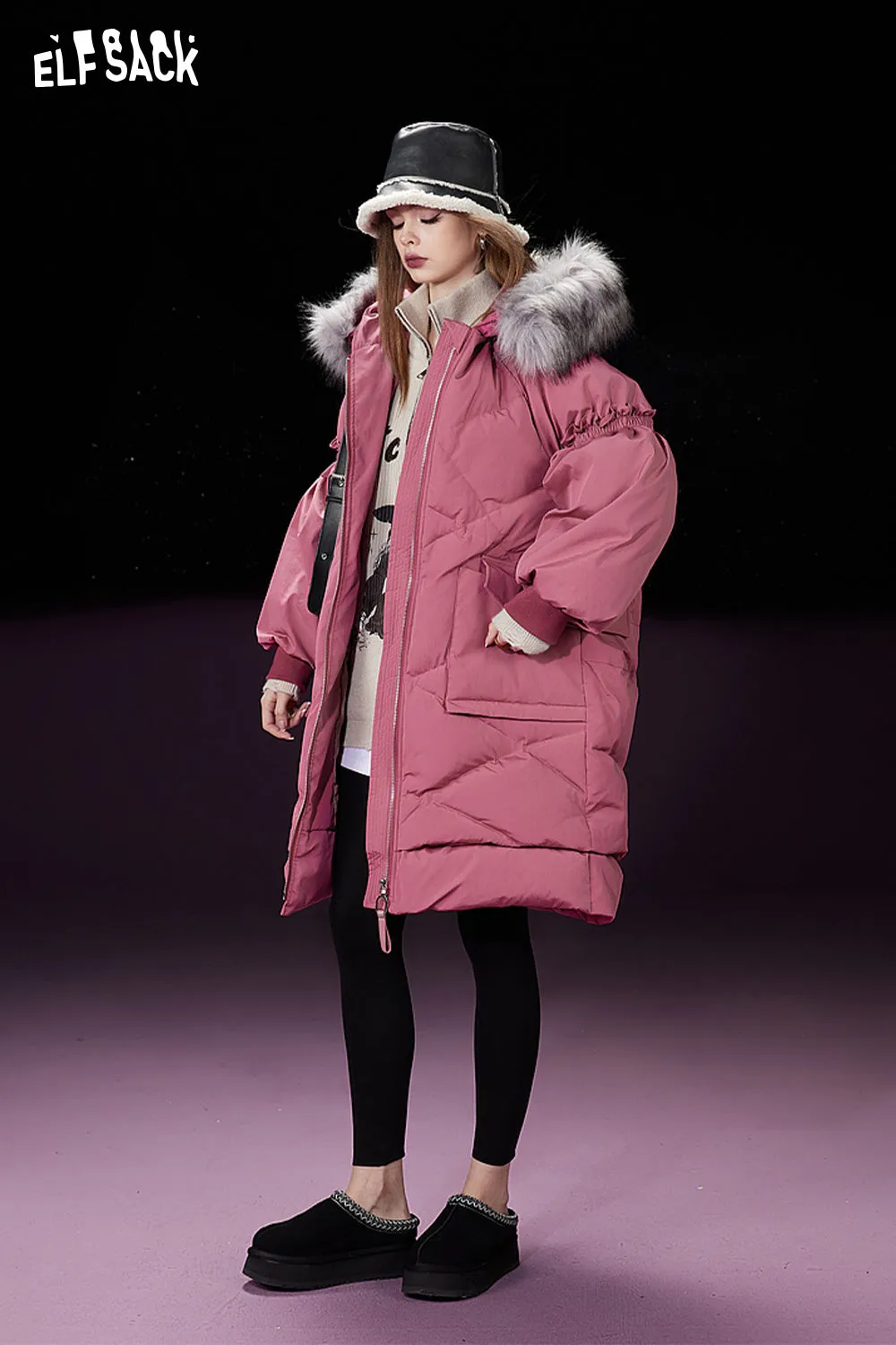 ELFSACK Detachable Hooded Warm Down Coats Women 2023 Winter Mid-length Cargo Coats