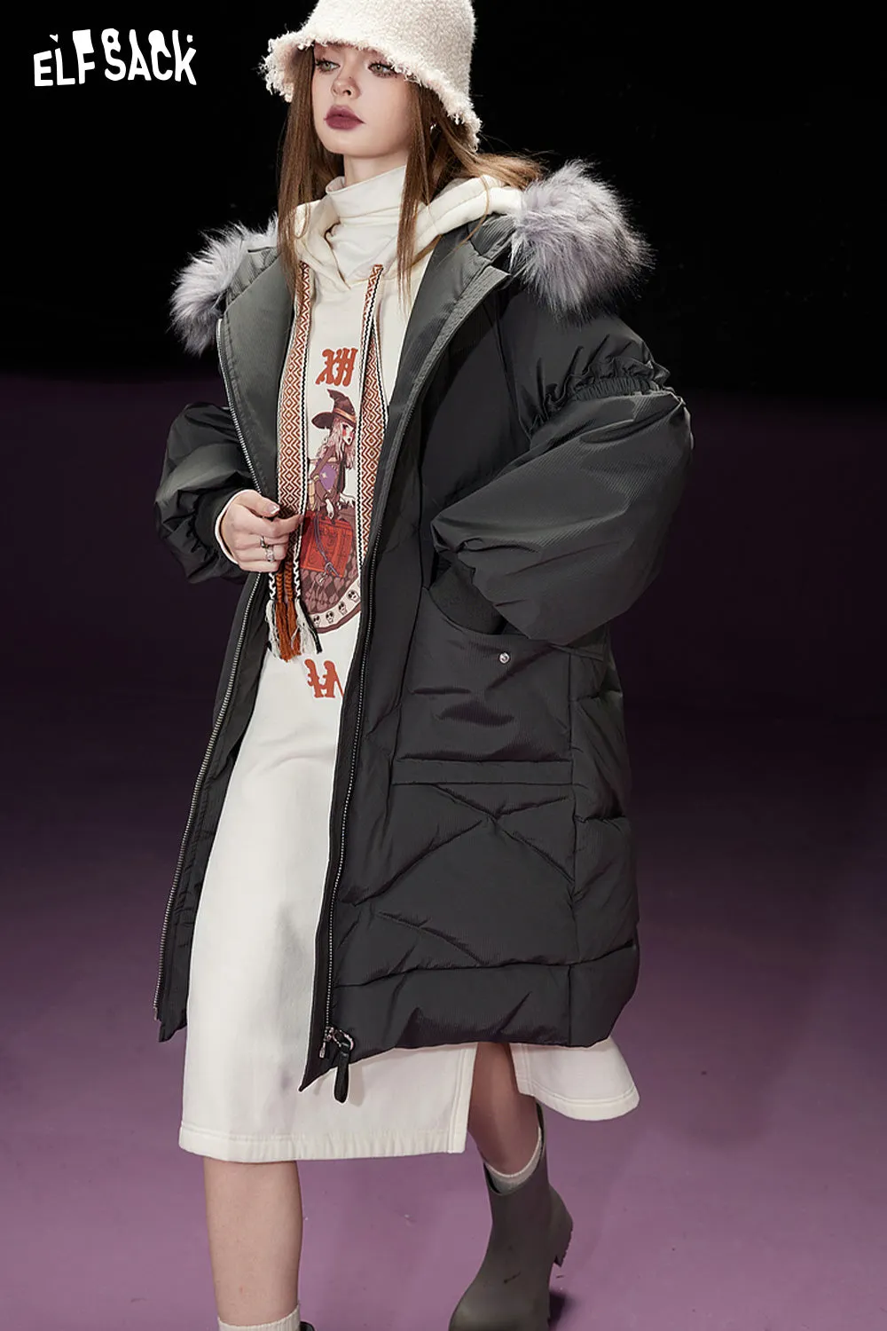 ELFSACK Detachable Hooded Warm Down Coats Women 2023 Winter Mid-length Cargo Coats