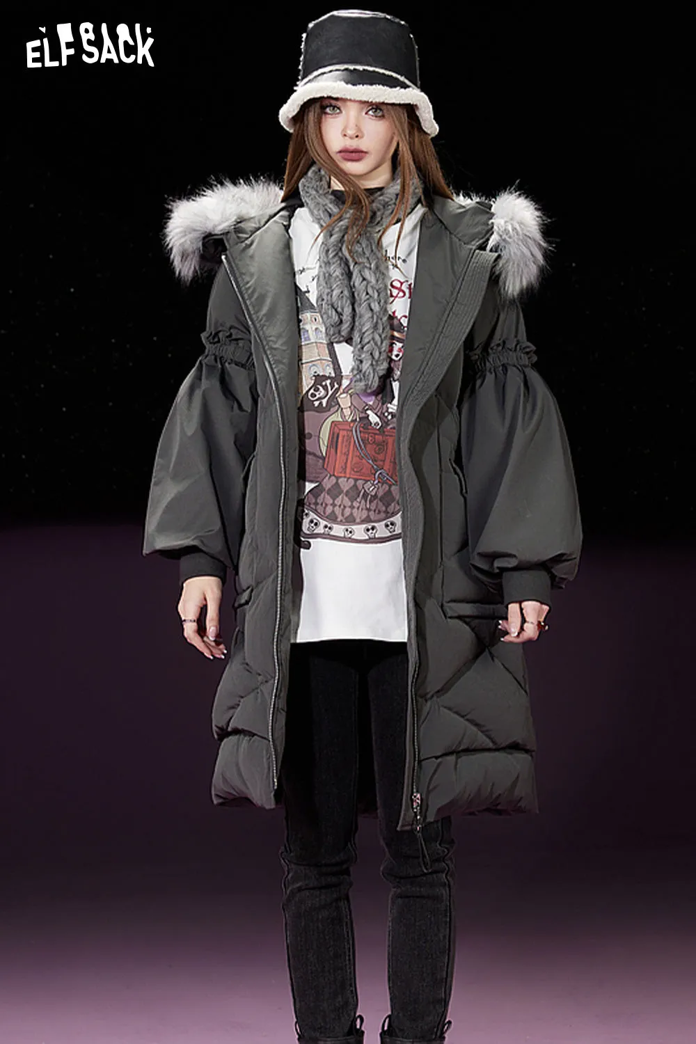 ELFSACK Detachable Hooded Warm Down Coats Women 2023 Winter Mid-length Cargo Coats