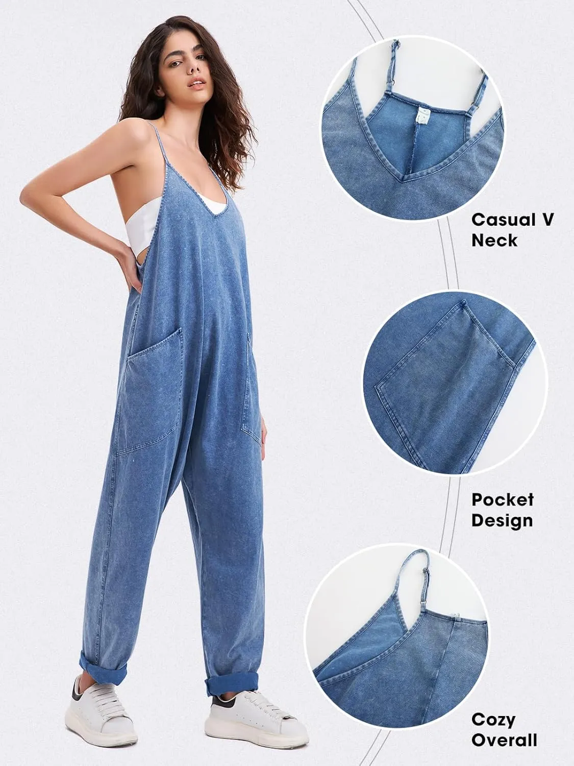 EXLURA Womens Casual Summer Jumpsuits 2025 Romper Bib Outfits Beach Vacation Denim Trendy Fashion Overalls with Pockets