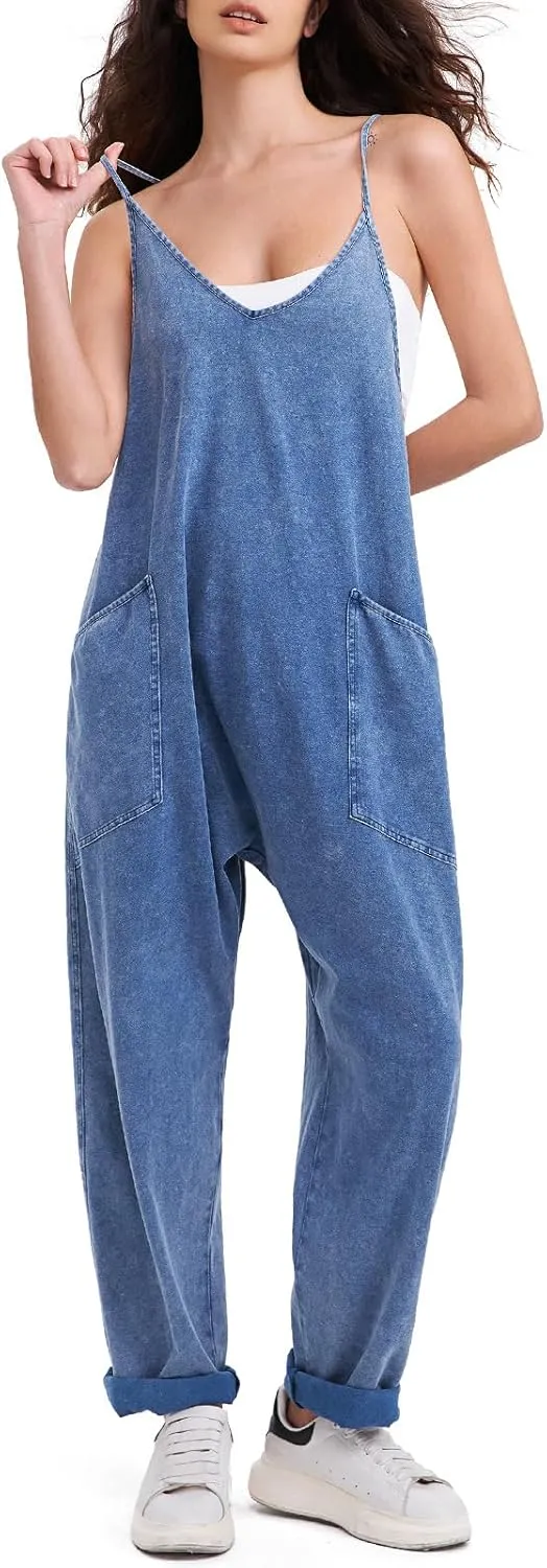 EXLURA Womens Casual Summer Jumpsuits 2025 Romper Bib Outfits Beach Vacation Denim Trendy Fashion Overalls with Pockets