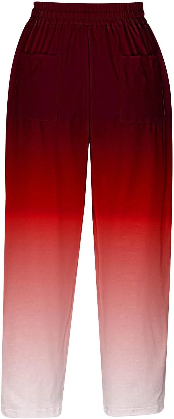 fartey Womens Summer Pants Casual Drawstring Elastic High Waist Capri Pants Floral Print Wide Leg Cropped Pants Trousers