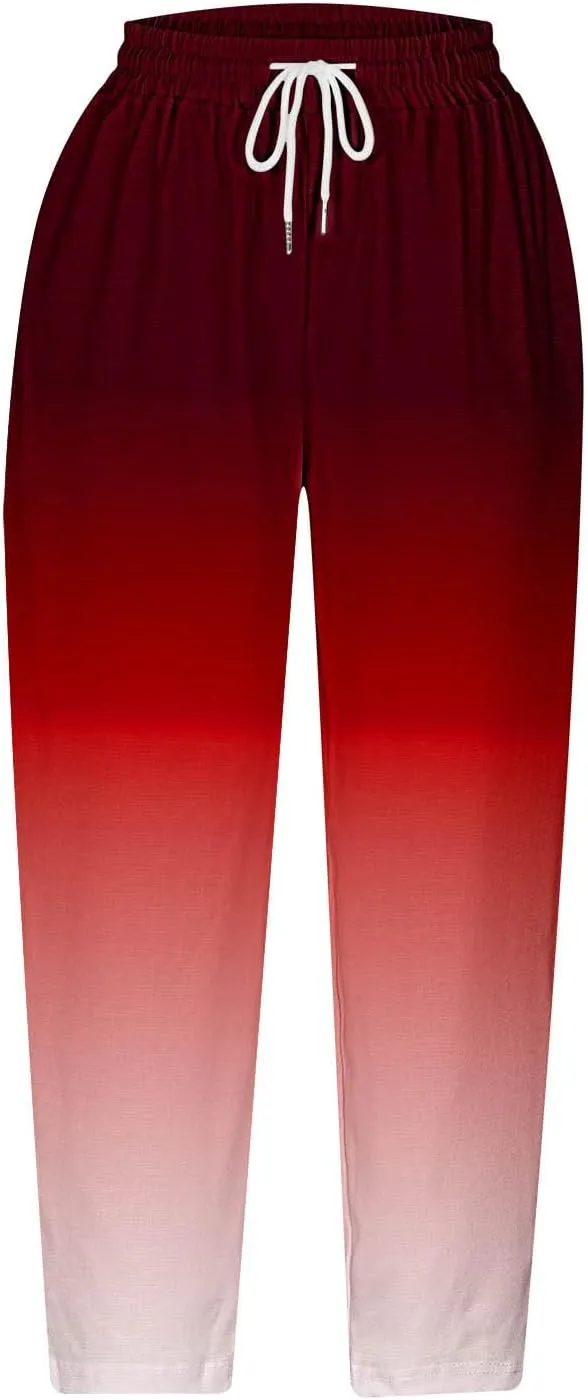 fartey Womens Summer Pants Casual Drawstring Elastic High Waist Capri Pants Floral Print Wide Leg Cropped Pants Trousers