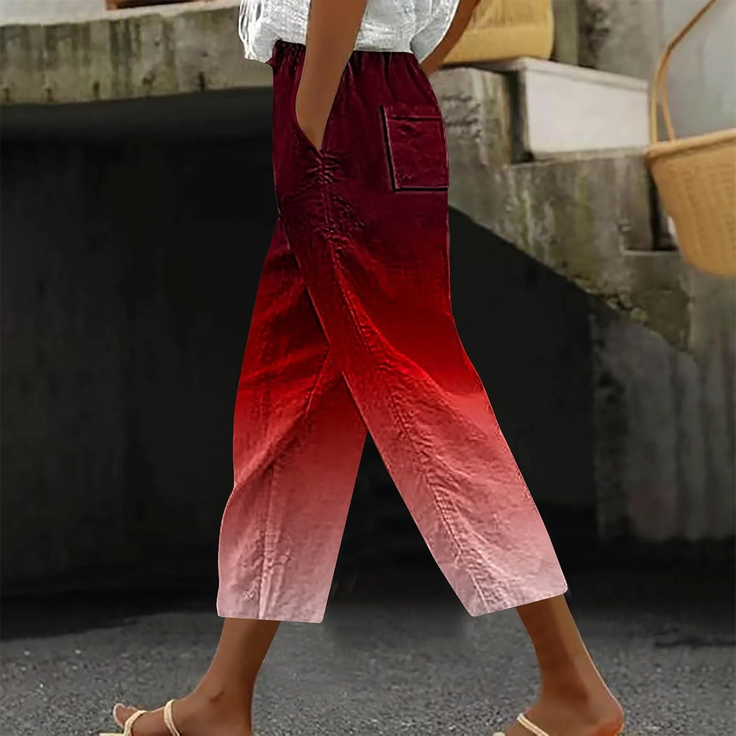fartey Womens Summer Pants Casual Drawstring Elastic High Waist Capri Pants Floral Print Wide Leg Cropped Pants Trousers