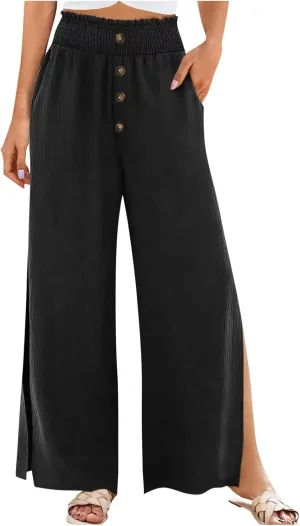 Firzero Wide Leg Pants for Women Casual Summer Elastic High Waist Palazzo Pants Flowy Botton Side Slit Trousers