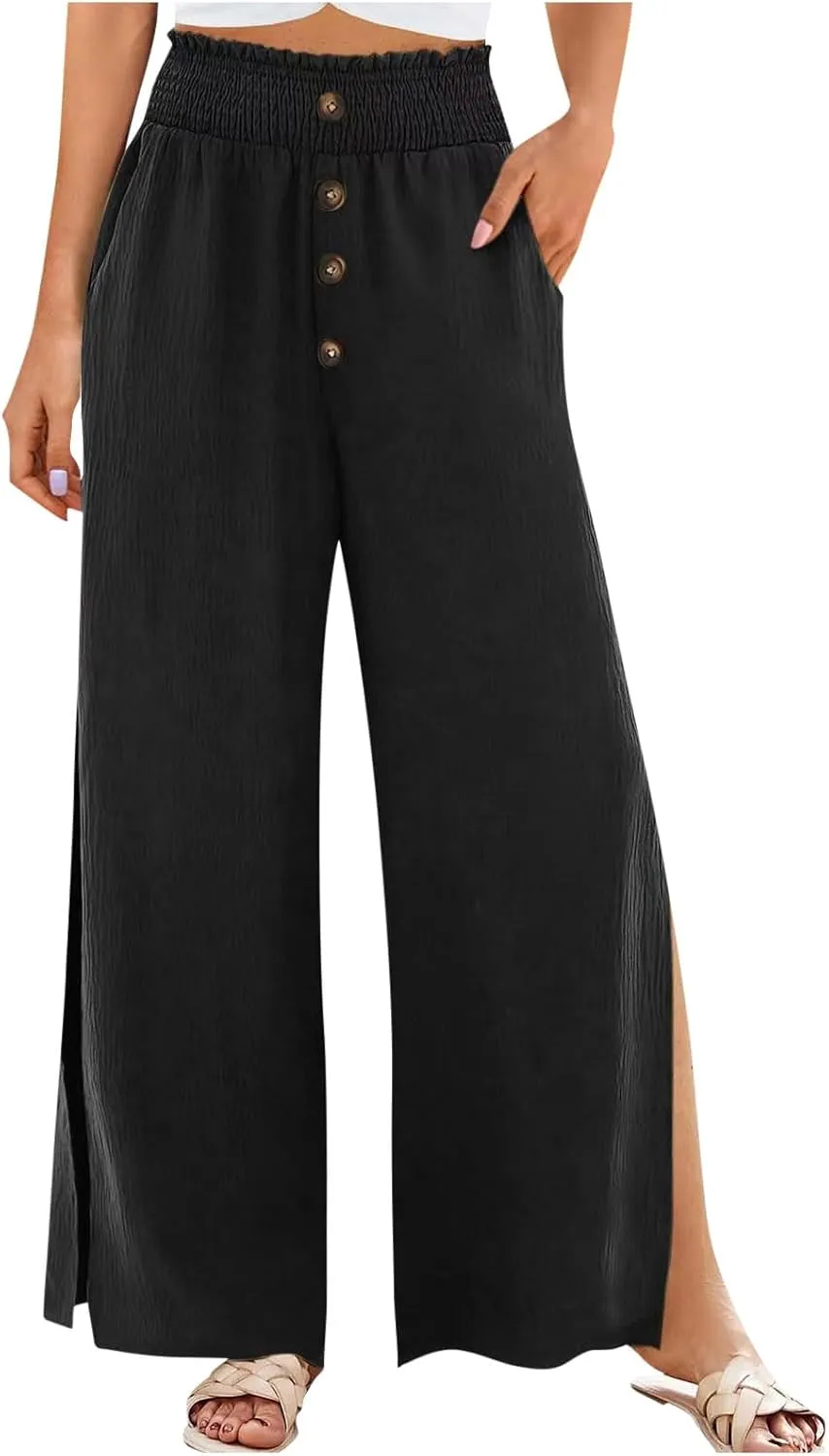 Firzero Wide Leg Pants for Women Casual Summer Elastic High Waist Palazzo Pants Flowy Botton Side Slit Trousers