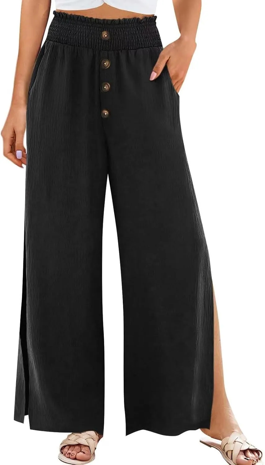Firzero Wide Leg Pants for Women Casual Summer Elastic High Waist Palazzo Pants Flowy Botton Side Slit Trousers