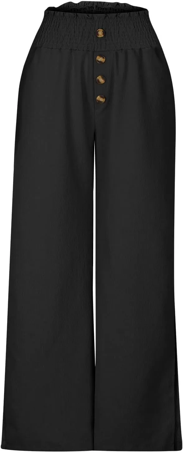 Firzero Wide Leg Pants for Women Casual Summer Elastic High Waist Palazzo Pants Flowy Botton Side Slit Trousers