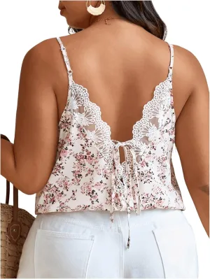 Floerns Women's Plus Size Floral Print V Neck Camisole Contrast Lace Tie Back Cami Tops