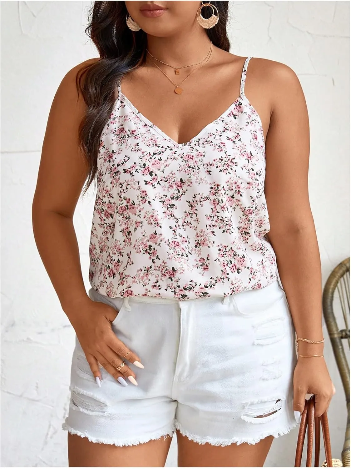 Floerns Women's Plus Size Floral Print V Neck Camisole Contrast Lace Tie Back Cami Tops