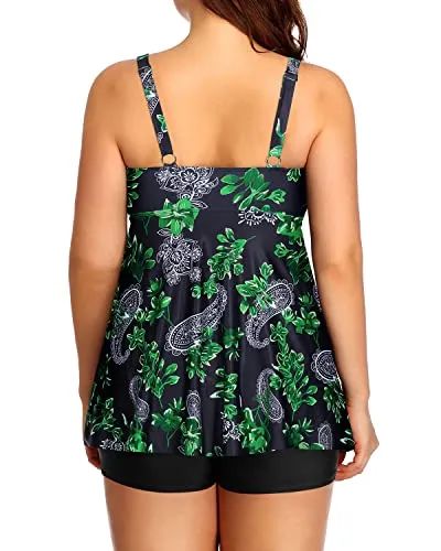 Flowy Bathing Suits Shorts And Modest Coverage Tankini Swimsuits For Women-Green Paisley