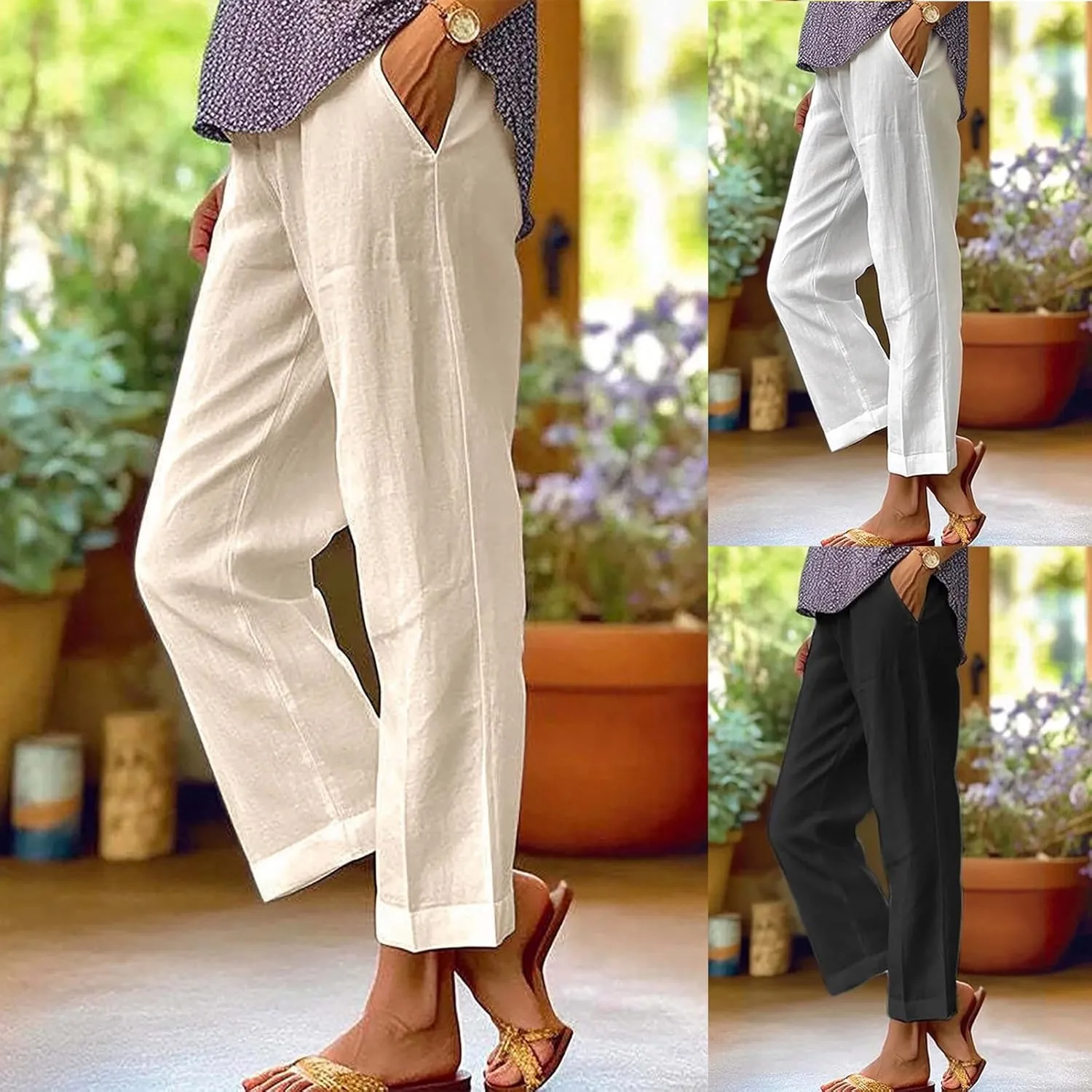 Flowy Linen Pants Women Summer Beach Plus Size Palazzo Pants Casual Wide Leg Slacks Comfy Fit Baggy Trousers