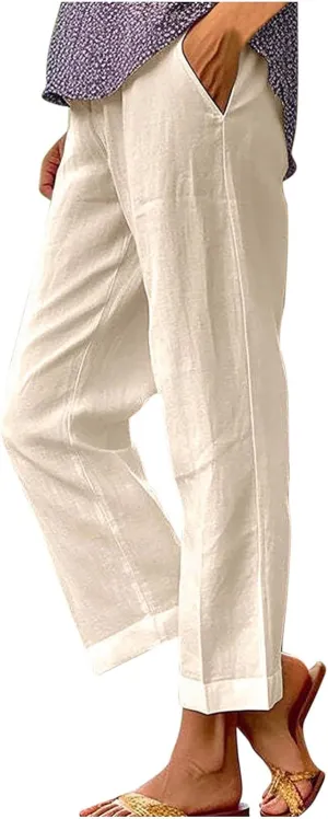 Flowy Linen Pants Women Summer Beach Plus Size Palazzo Pants Casual Wide Leg Slacks Comfy Fit Baggy Trousers