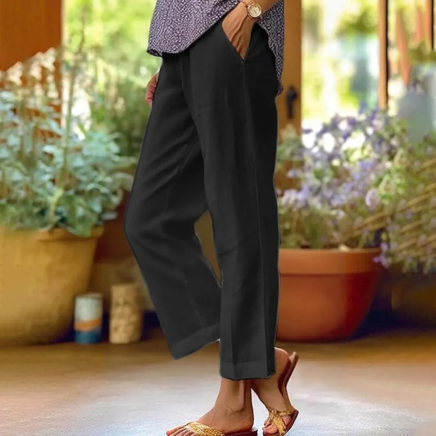 Flowy Linen Pants Women Summer Beach Plus Size Palazzo Pants Casual Wide Leg Slacks Comfy Fit Baggy Trousers